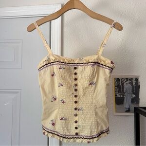JAMES COVIELLO yellow cream floral pleated pin tuck cotton cropped tank top